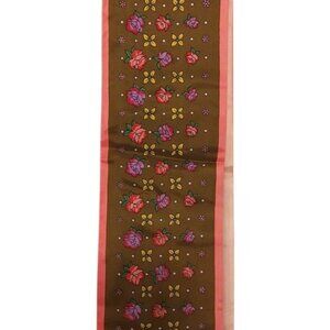 Vintage All Acetate Long Twill Hand Printed Brown and Pink Floral Scarf / Wrap